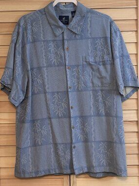 Caribbean Joe 100% Silk Men’s Button Down Shirt Blue Tropical Palm Trees XXL
